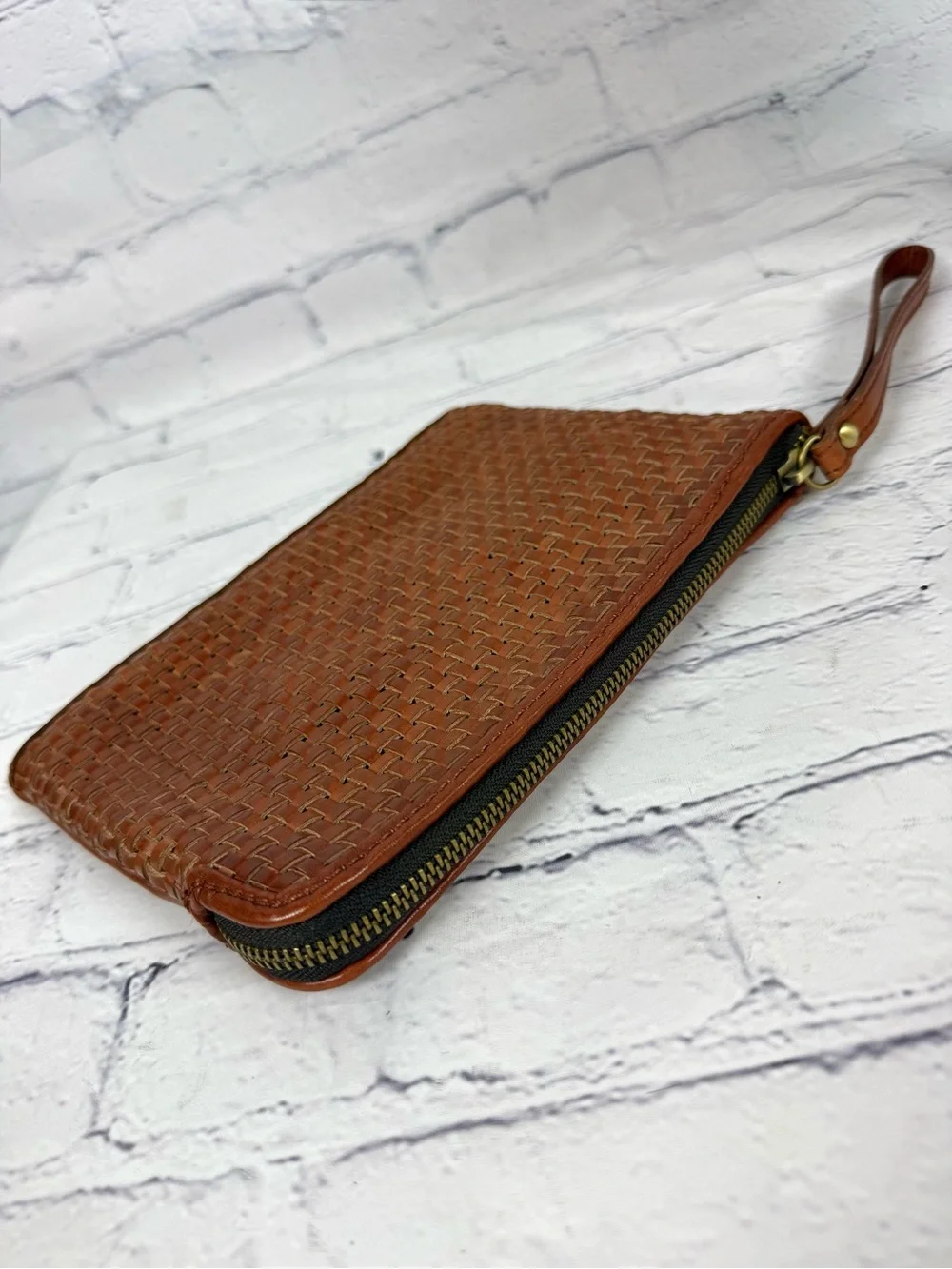 Patricia Nash Leisha Woven Cognac Leather Wristlet Clutch NWOT